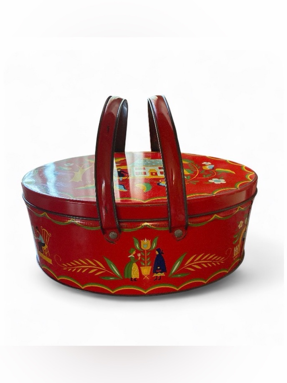 Red Folk-Style Oval Tin with Double Handles